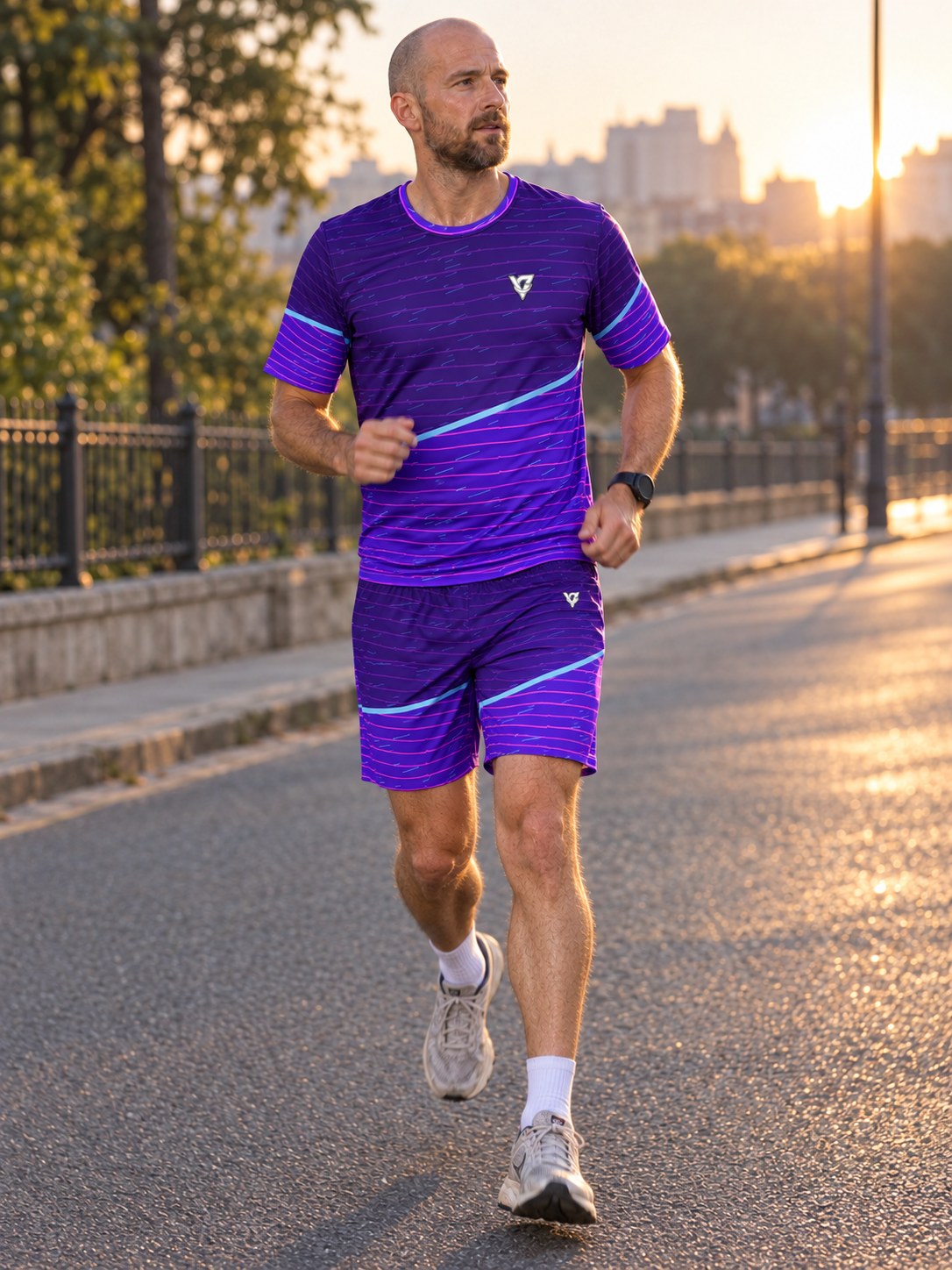 Running Ultra Violet Pace Lanes Men's Athletic Shorts with Pockets, in action