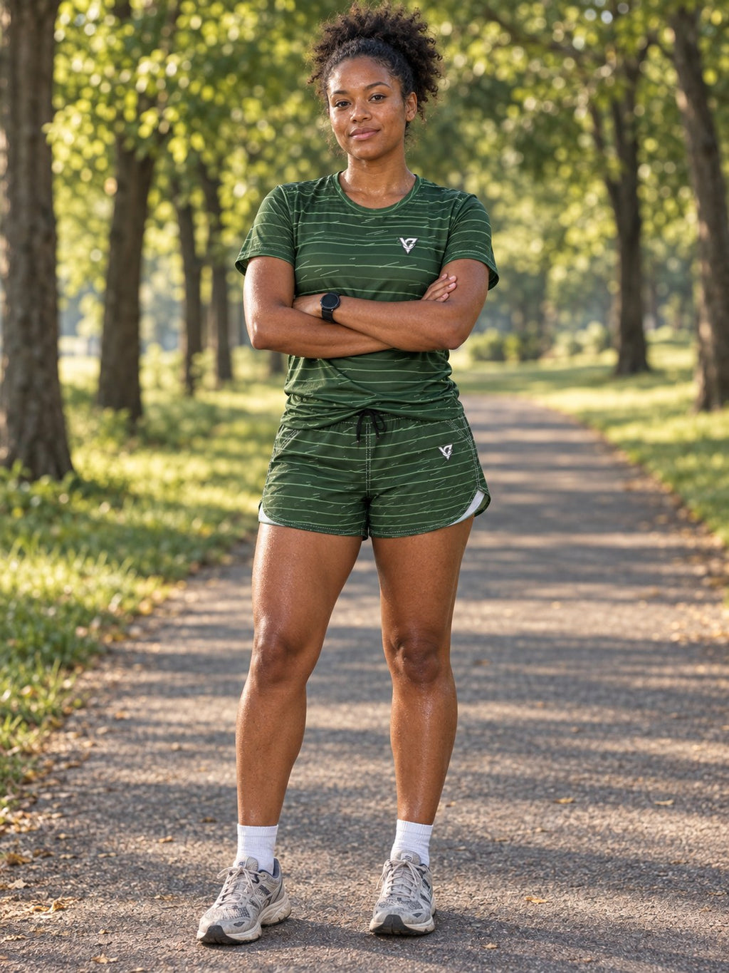 Running Forest Camo Pace Lanes Women's Athletic Shorts with Pockets, front view