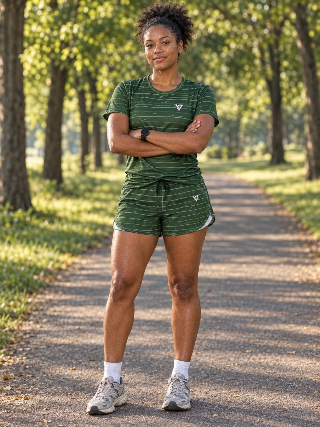 Running Forest Camo Pace Lanes Women's Athletic Shorts with Pockets, front view