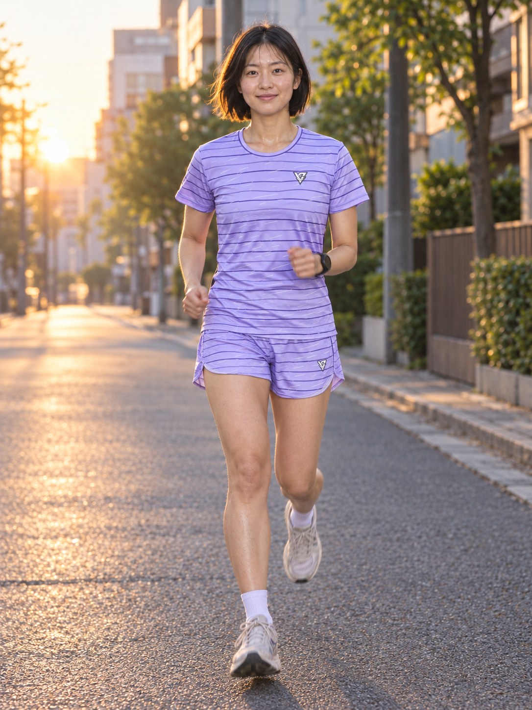Running Lavender Mist Pace Lanes Women's Athletic Shorts with Pockets, in action