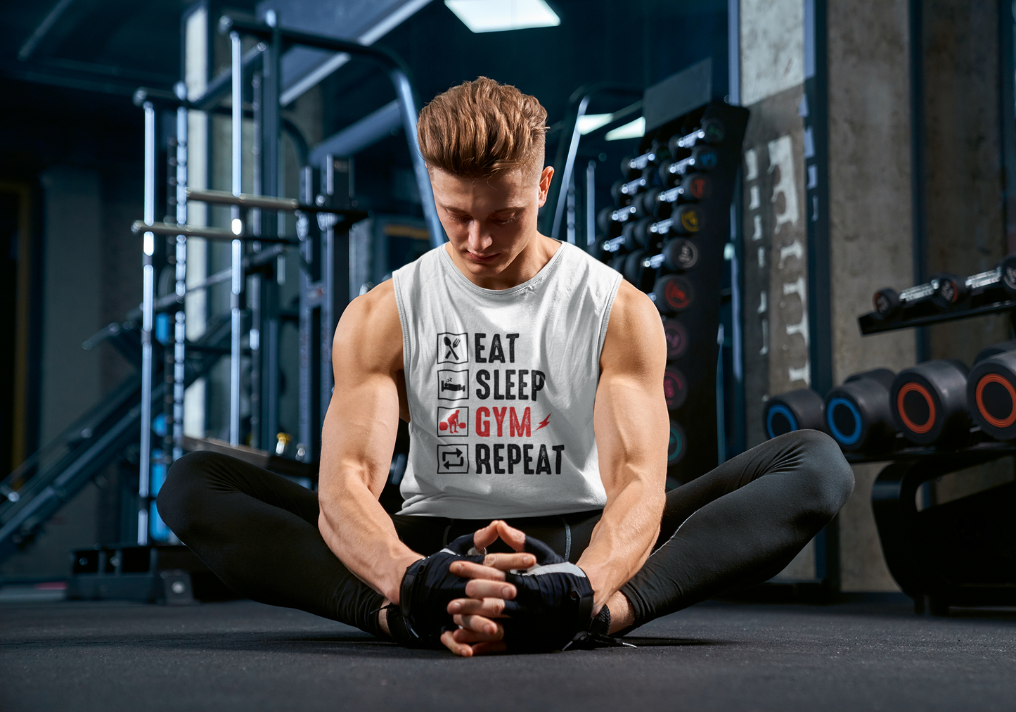 Eat Sleep Gym Repeat Men's Muscle Tank | Gym Workout Sleeveless Tank Top | Fitness Training Cotton Tank