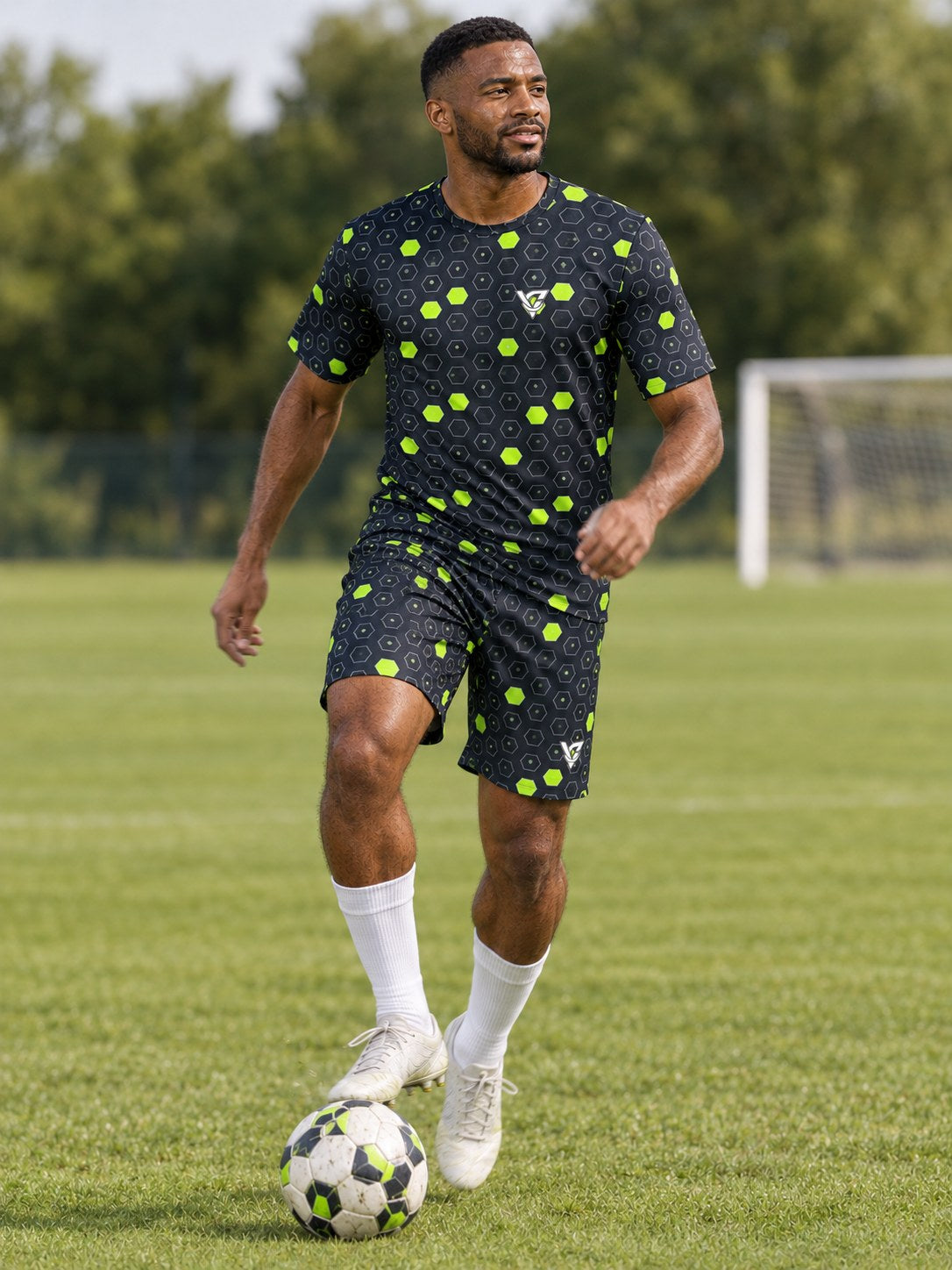 Soccer Volt Night Hex Pitch Men's Athletic Shorts with Pockets, in action