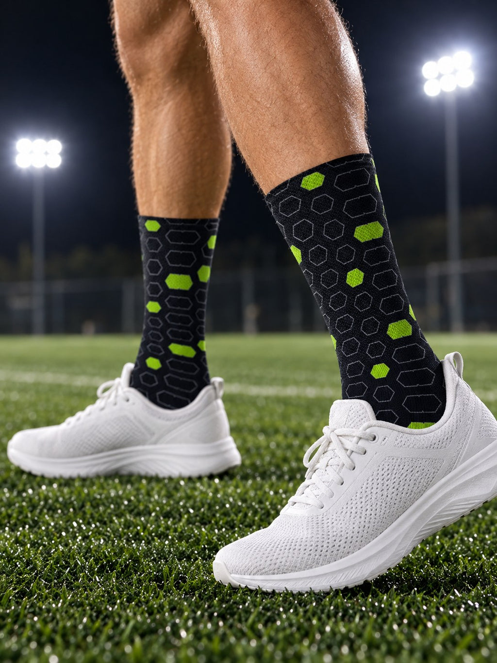 Soccer Volt Night Hex Pitch Athletic Crew Socks, lifestyle detail