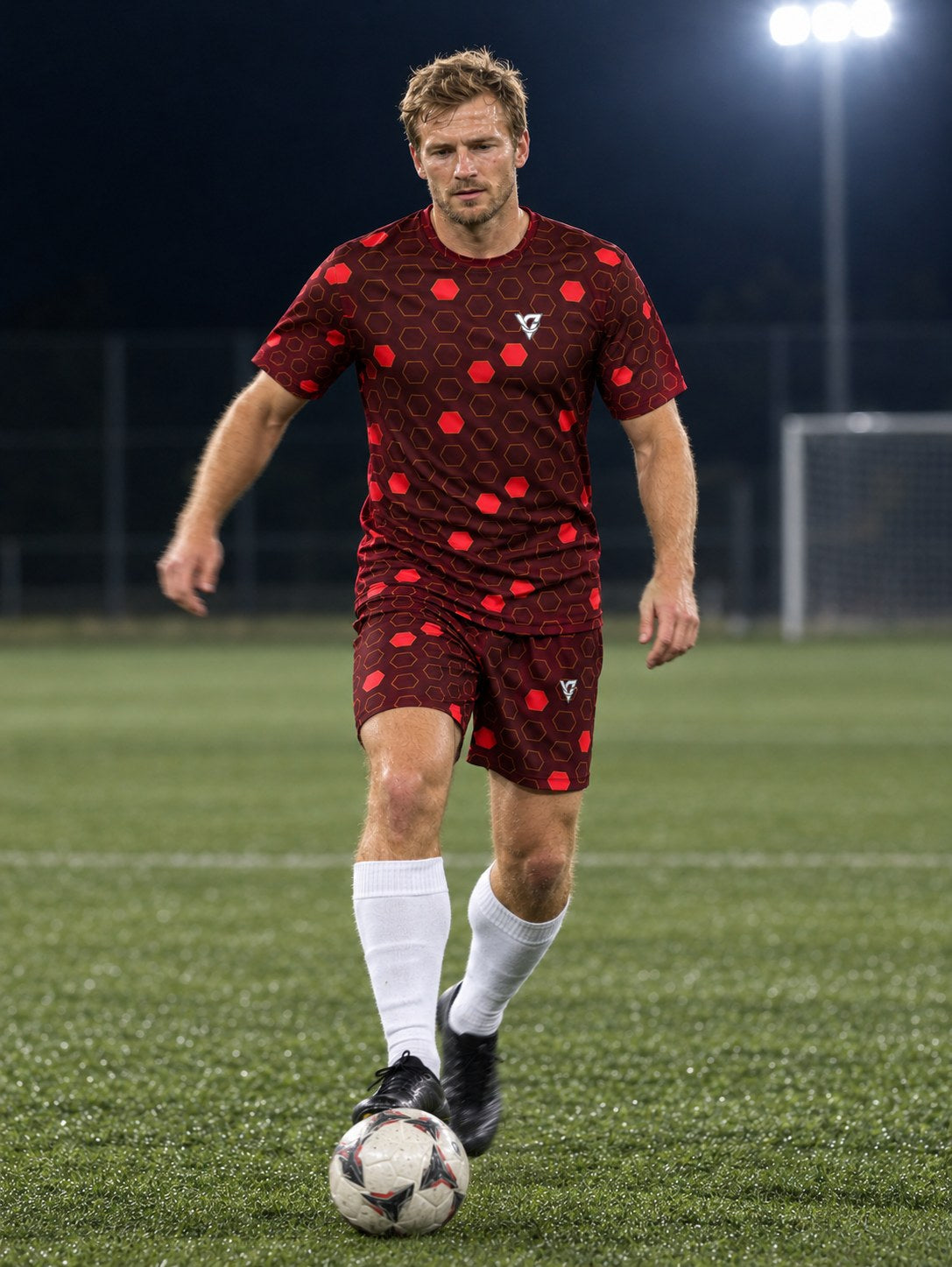 Soccer Crimson Blaze Hex Pitch Men's Athletic Shorts with Pockets, in action