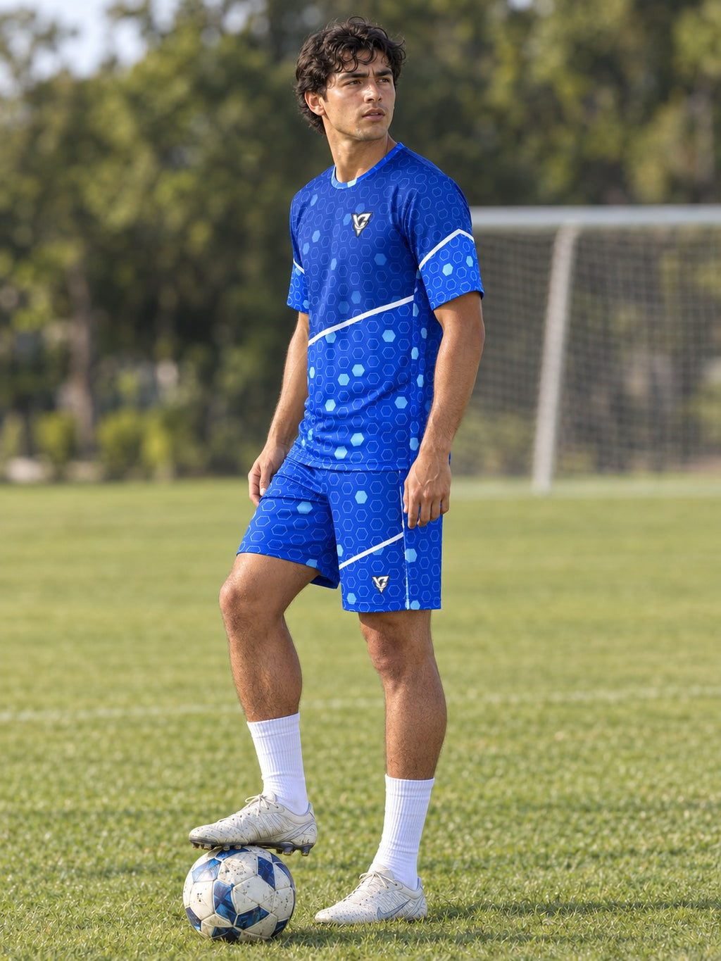 Soccer Royal Ice Hex Pitch Men's Athletic Shorts with Pockets, side view