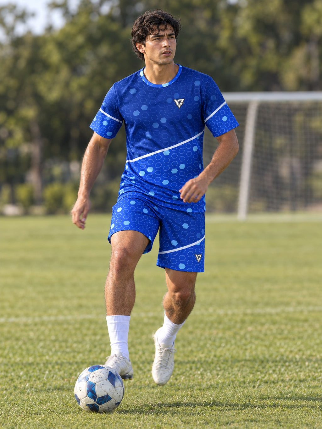 Soccer Royal Ice Hex Pitch Men's Athletic Shorts with Pockets, in action