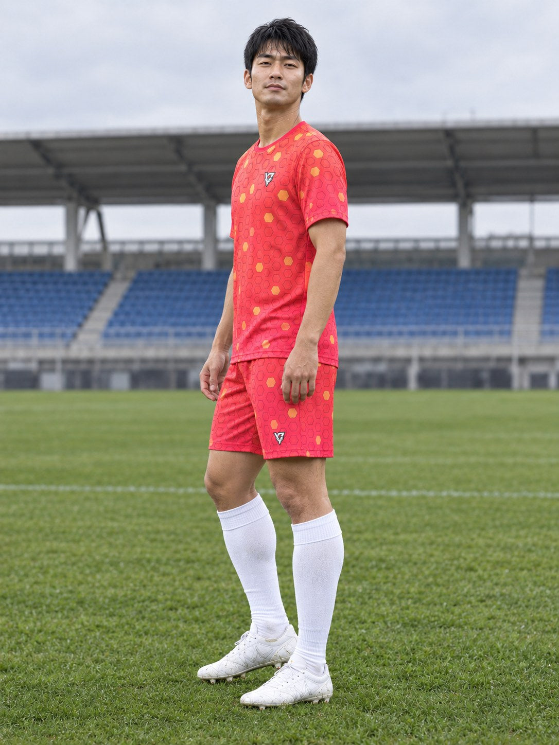 Soccer Sunset Fade Hex Pitch Men's Athletic Shorts with Pockets, side view