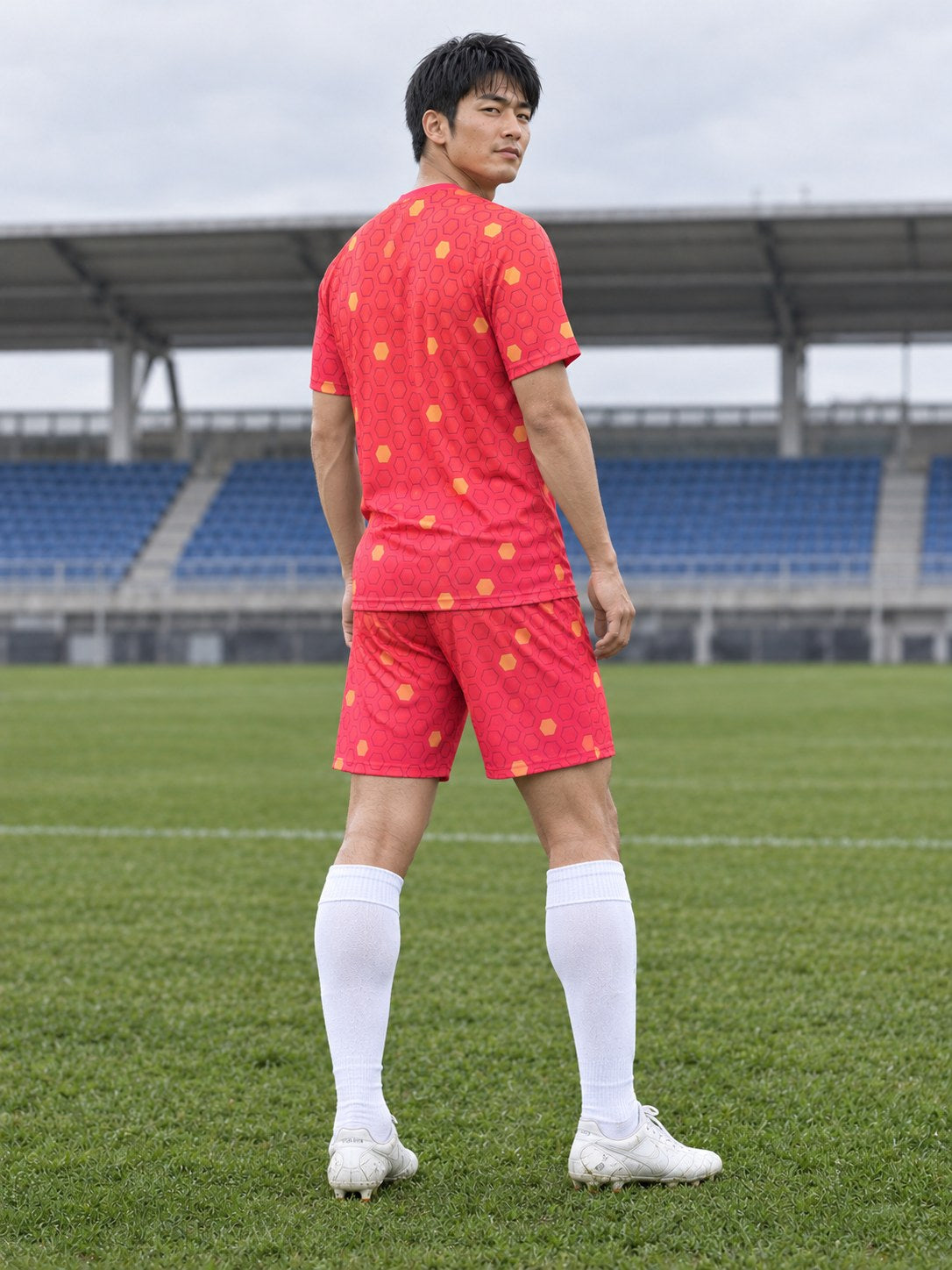 Soccer Sunset Fade Hex Pitch Men's Athletic Shorts with Pockets, back view