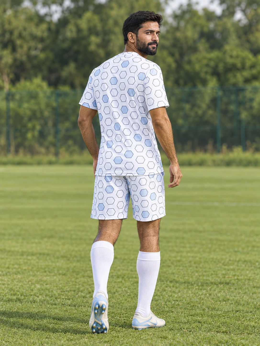 Soccer Arctic White Hex Pitch Men's Athletic Shorts with Pockets, back view
