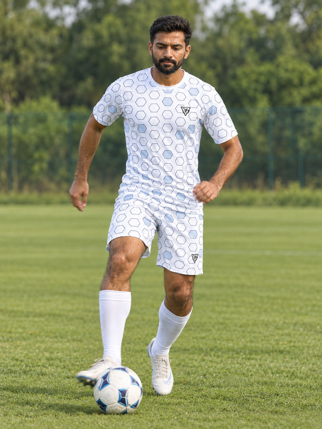 Soccer Arctic White Hex Pitch Men's Athletic Shorts with Pockets, in action