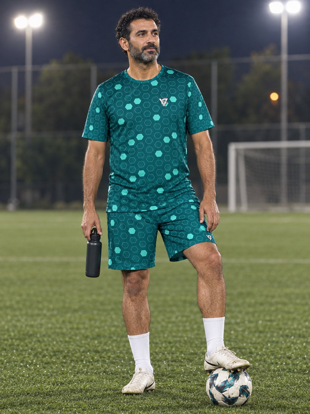 Soccer Teal Wave Hex Pitch Men's Athletic Shorts with Pockets, front view
