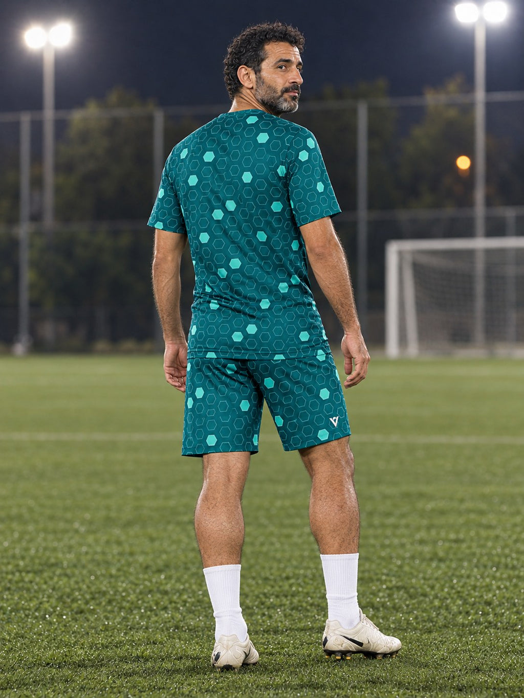 Soccer Teal Wave Hex Pitch Men's Athletic Shorts with Pockets, back view