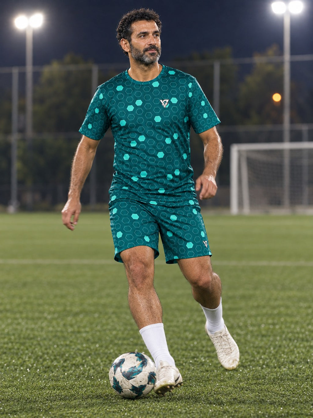 Soccer Teal Wave Hex Pitch Men's Sports Jersey, in action