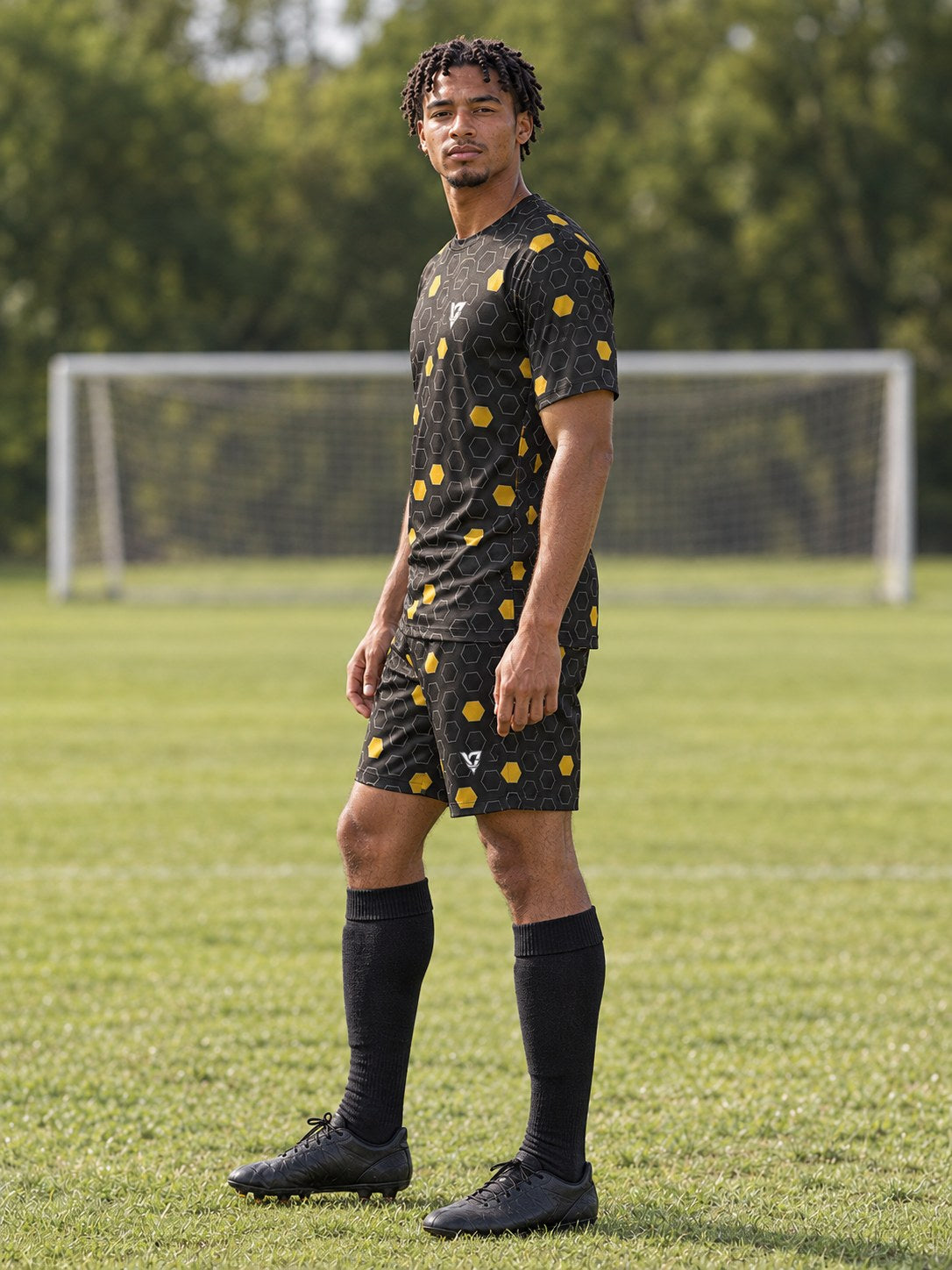 Soccer Gold Rush Hex Pitch Men's Athletic Shorts with Pockets, side view