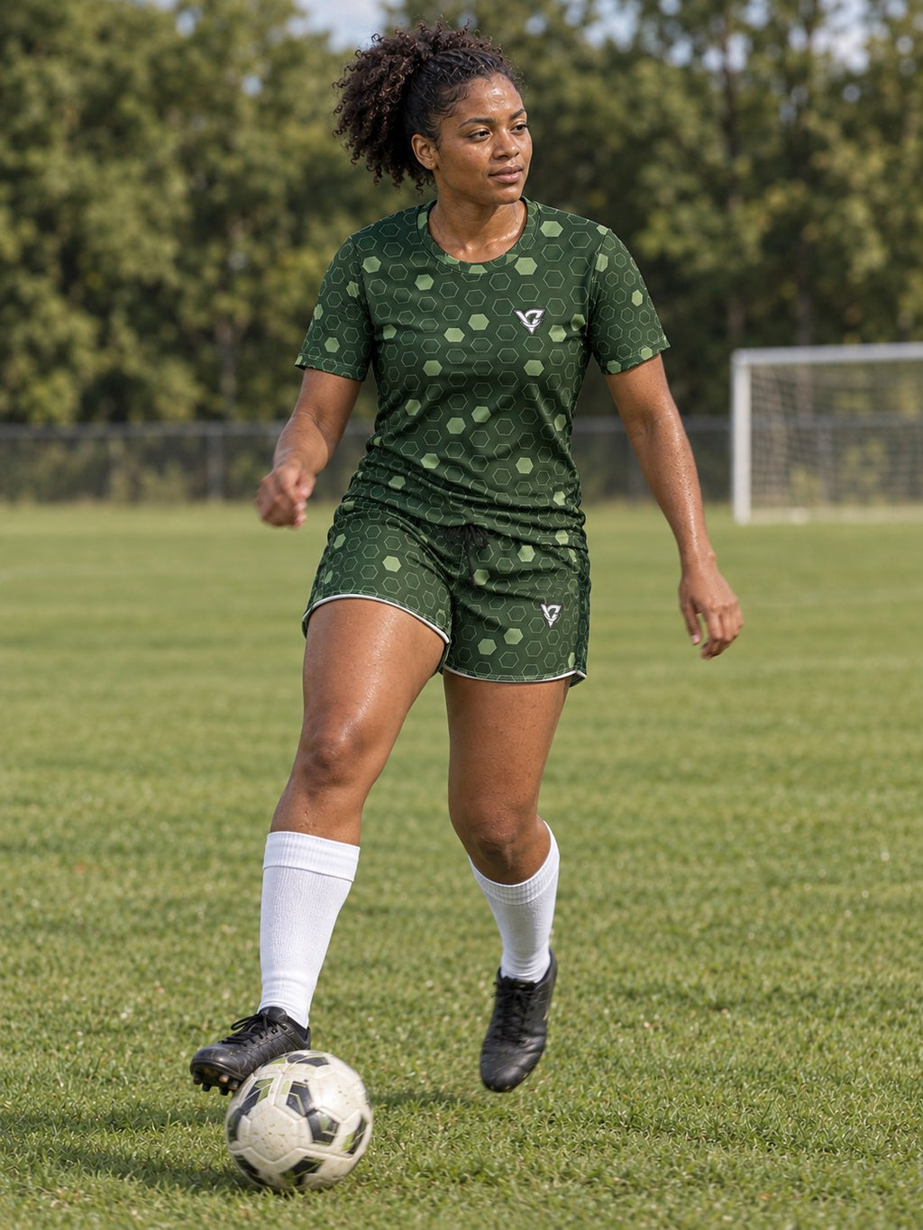 Soccer Forest Camo Hex Pitch Women's Sports Jersey, in action