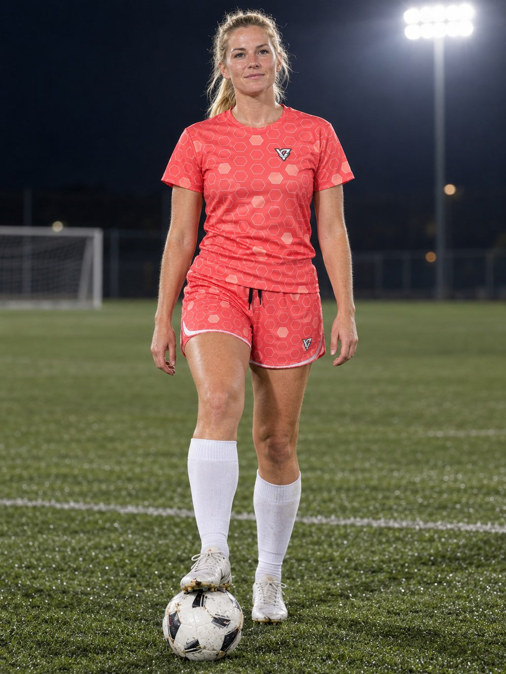 Soccer Hot Coral Hex Pitch Women's Sports Jersey, front view