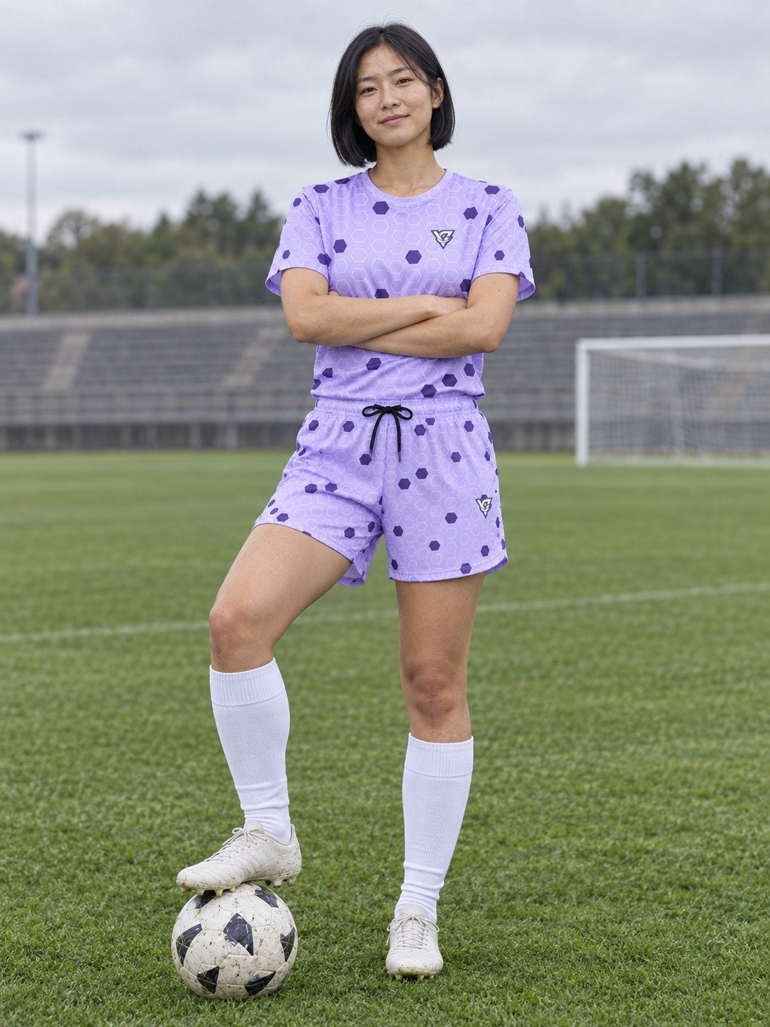 Soccer Lavender Mist Hex Pitch Women's Athletic Shorts with Pockets, front view
