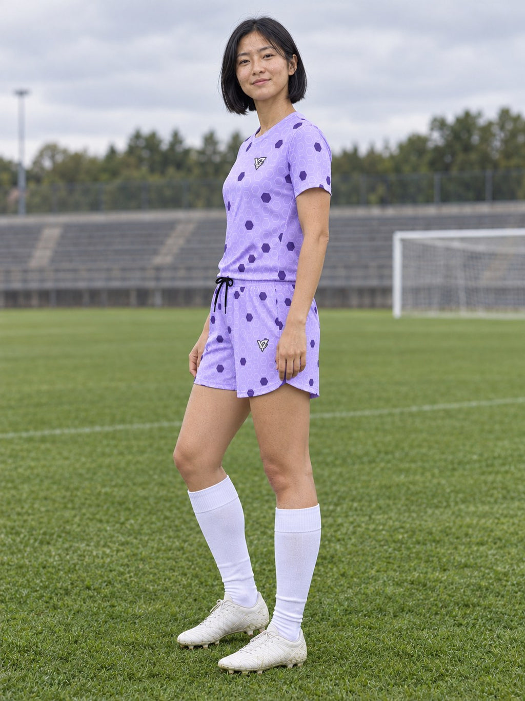 Soccer Lavender Mist Hex Pitch Women's Athletic Shorts with Pockets, side view