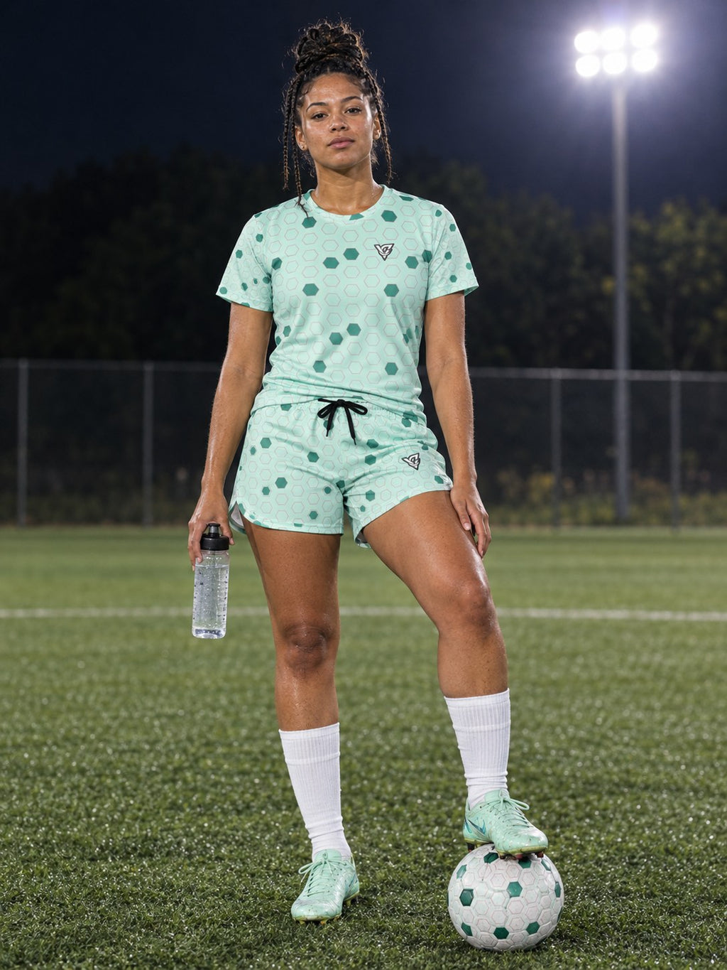 Soccer Mint Glow Hex Pitch Women's Athletic Shorts with Pockets, front view