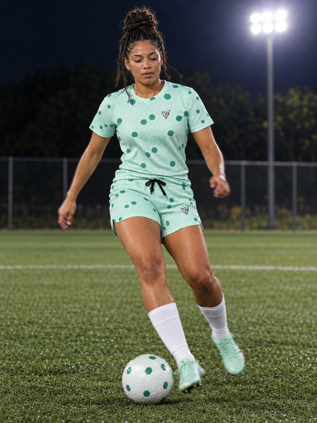 Soccer Mint Glow Hex Pitch Women's Sports Jersey, in action