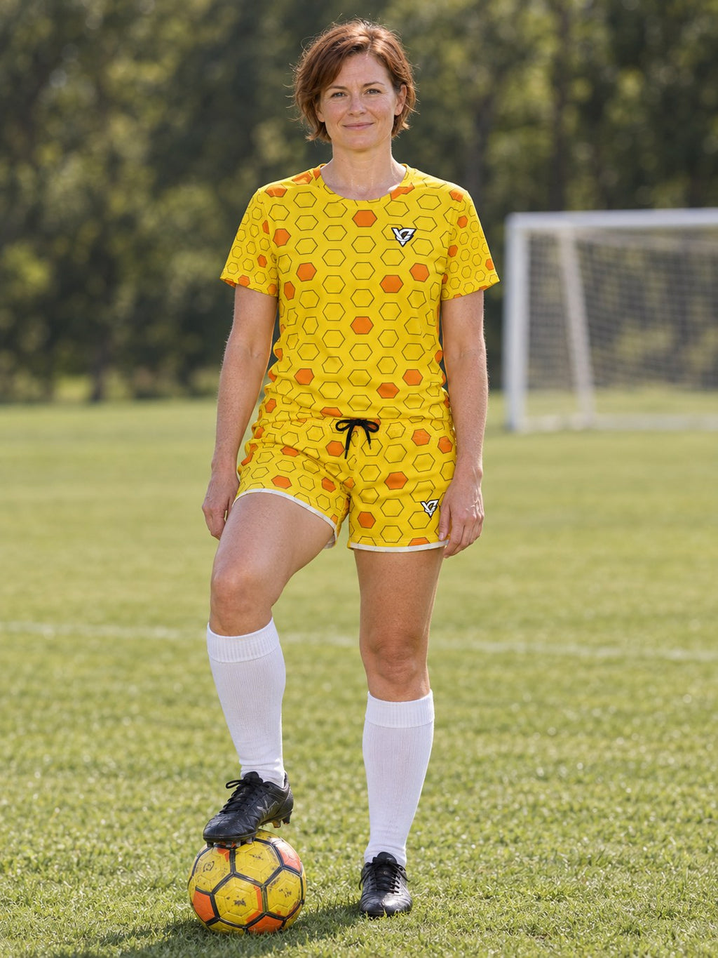 Soccer Neon Citrus Hex Pitch Women's Athletic Shorts with Pockets, front view