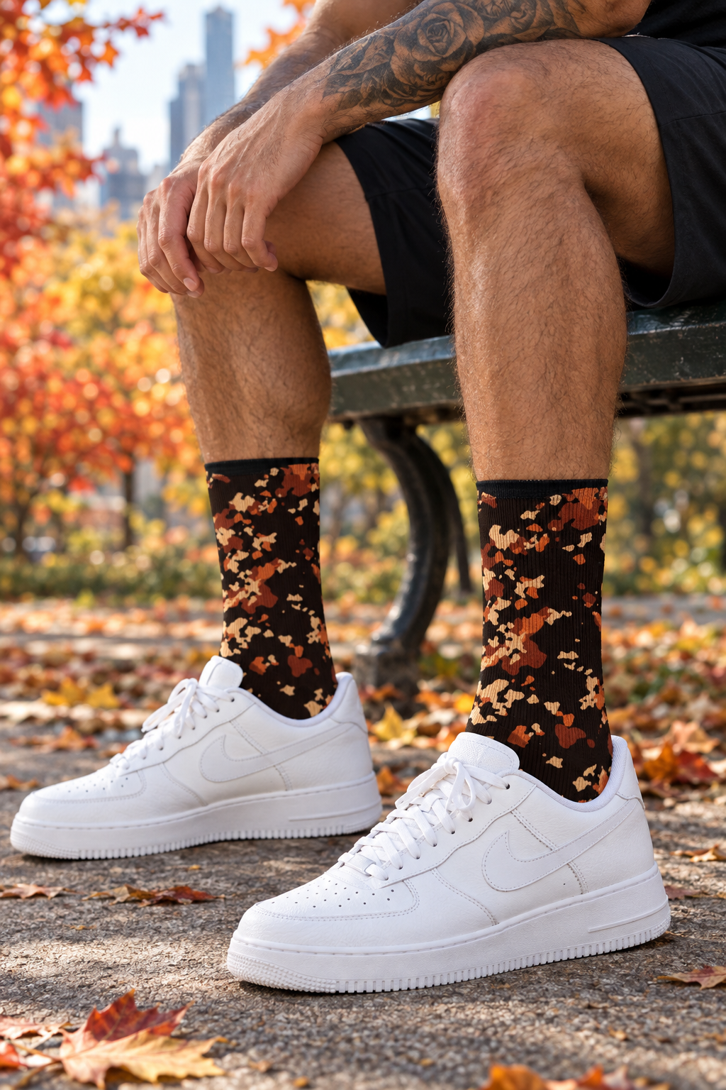 Auburn Splatter crew-length athletic socks worn on a model