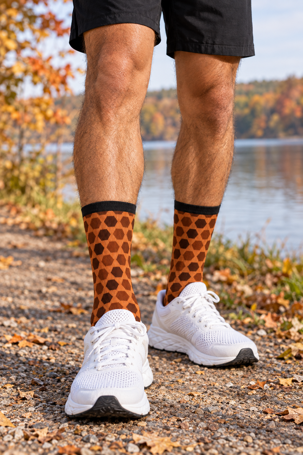 Cinnamon Hex Grid crew-length athletic socks worn on a model