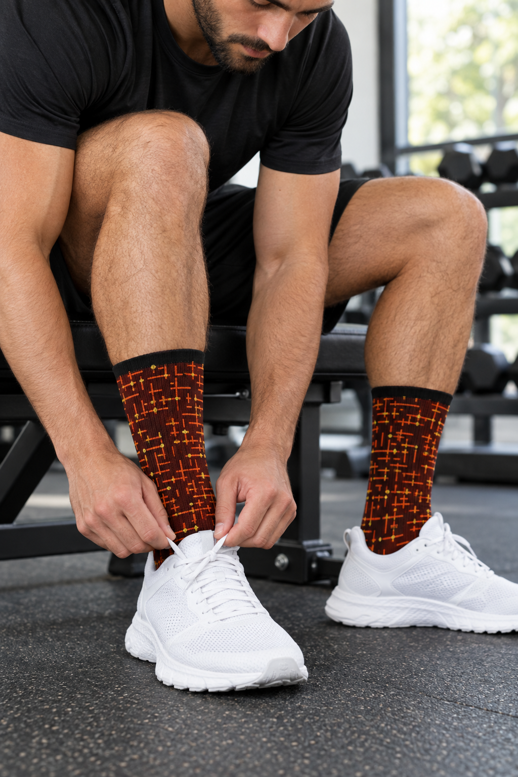 Ember Circuit crew-length athletic socks worn on a model