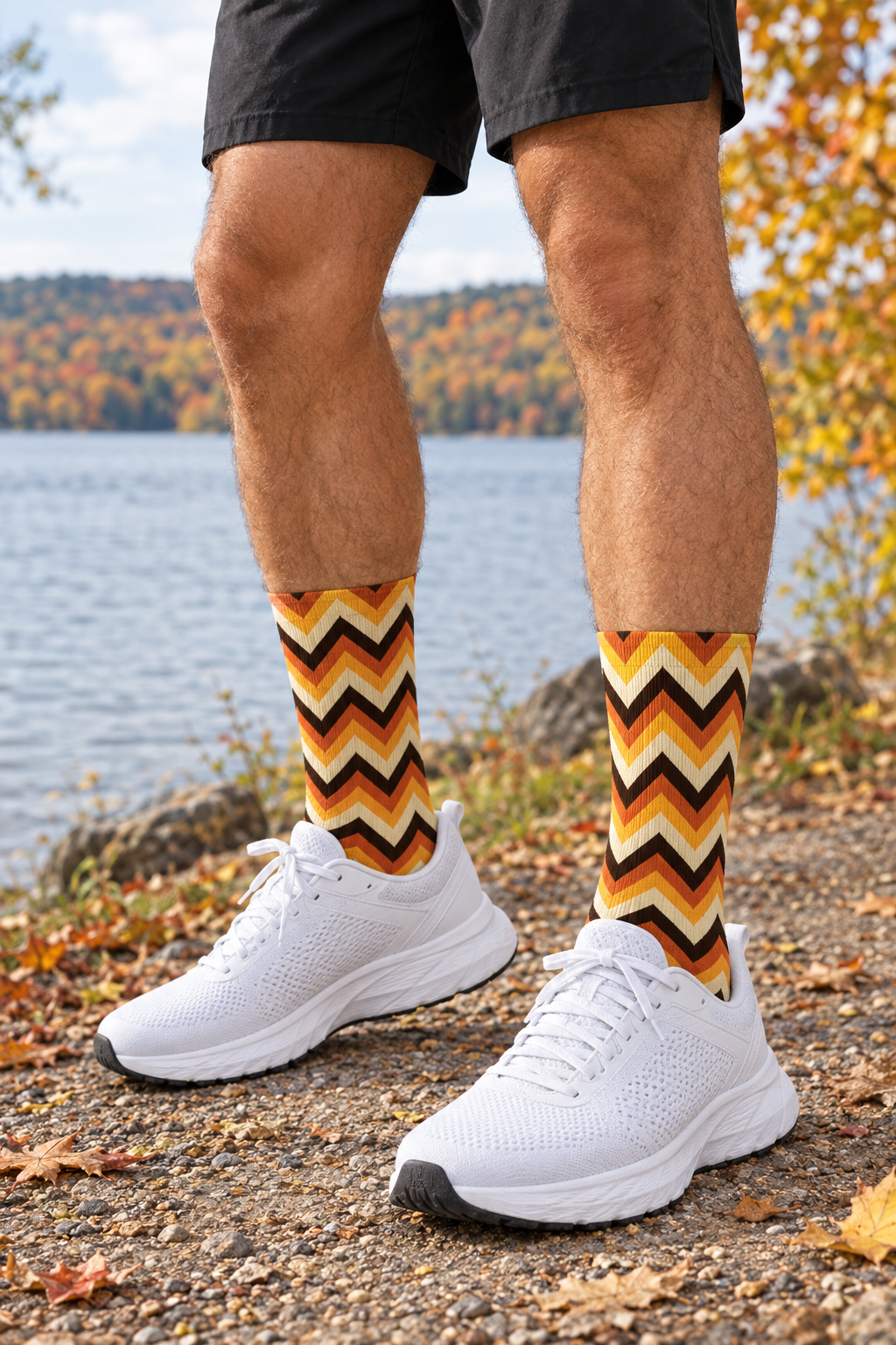 Golden Hour Chevron crew-length athletic socks worn on a model