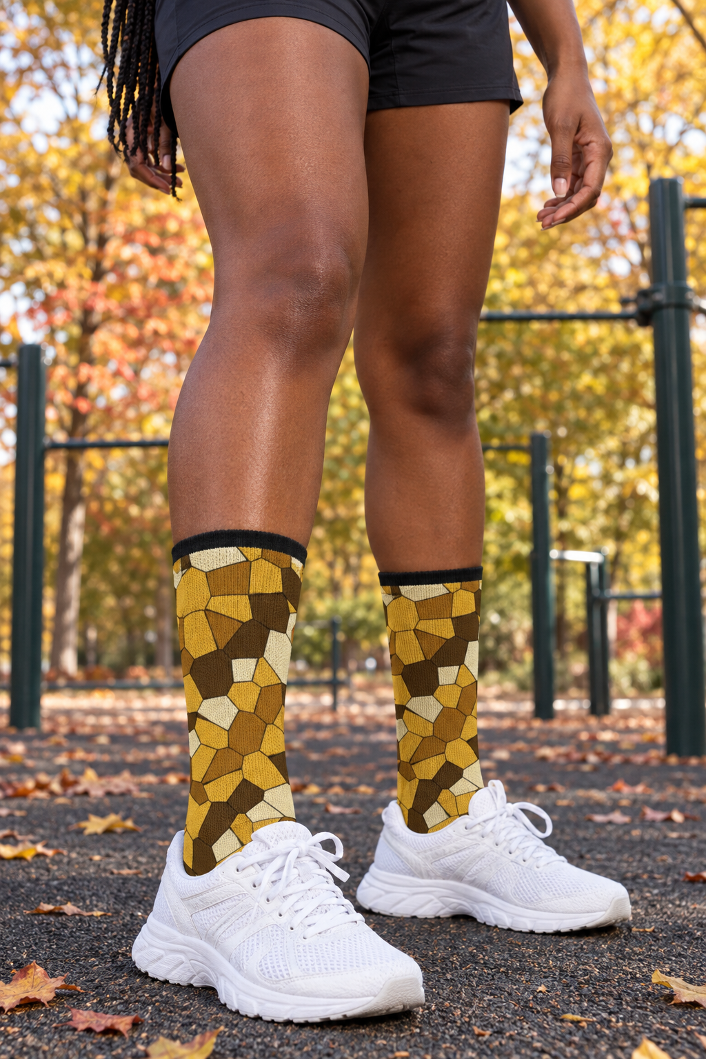 Harvest Gold Mosaic crew-length athletic socks worn on a model