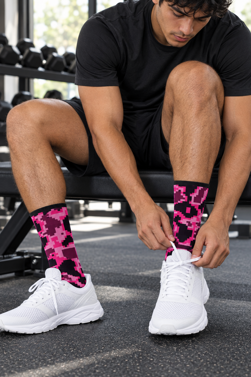 Hot Pink Digital Camo crew-length athletic socks worn on a model