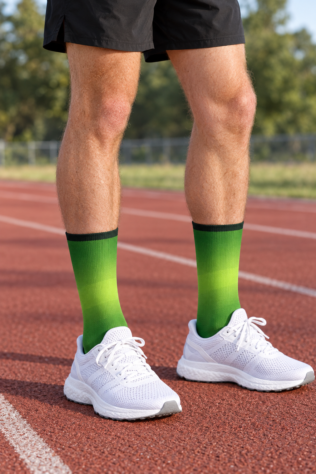 Jungle Ombre crew-length athletic socks worn on a model