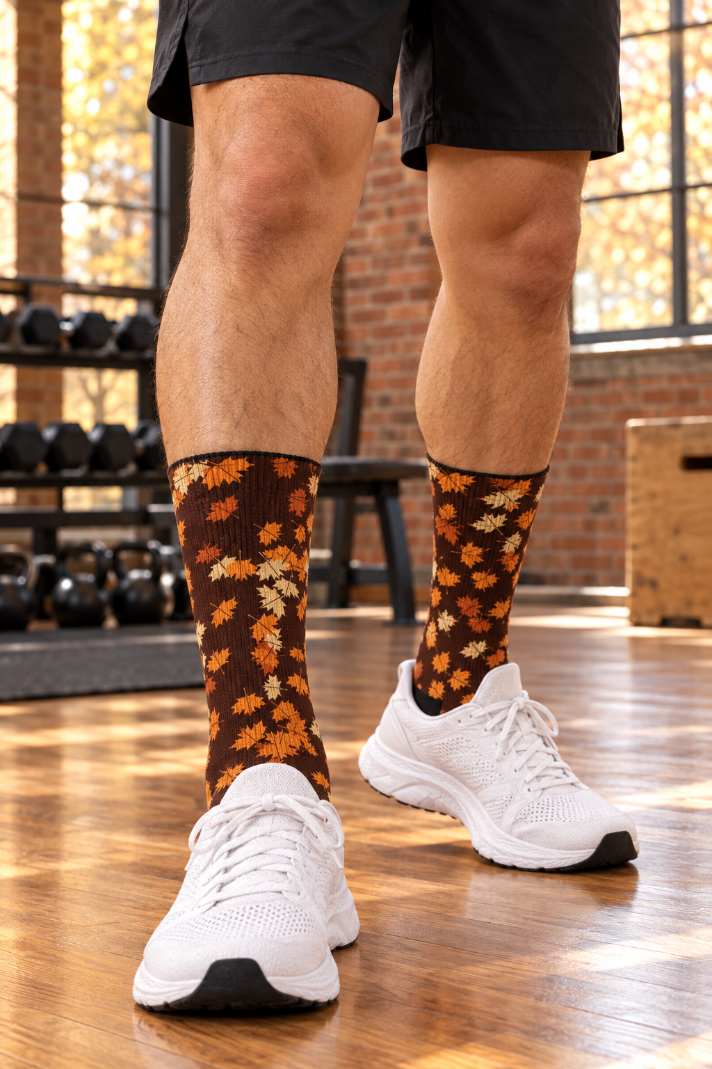 Pumpkin Falling Leaves crew-length athletic socks worn on a model