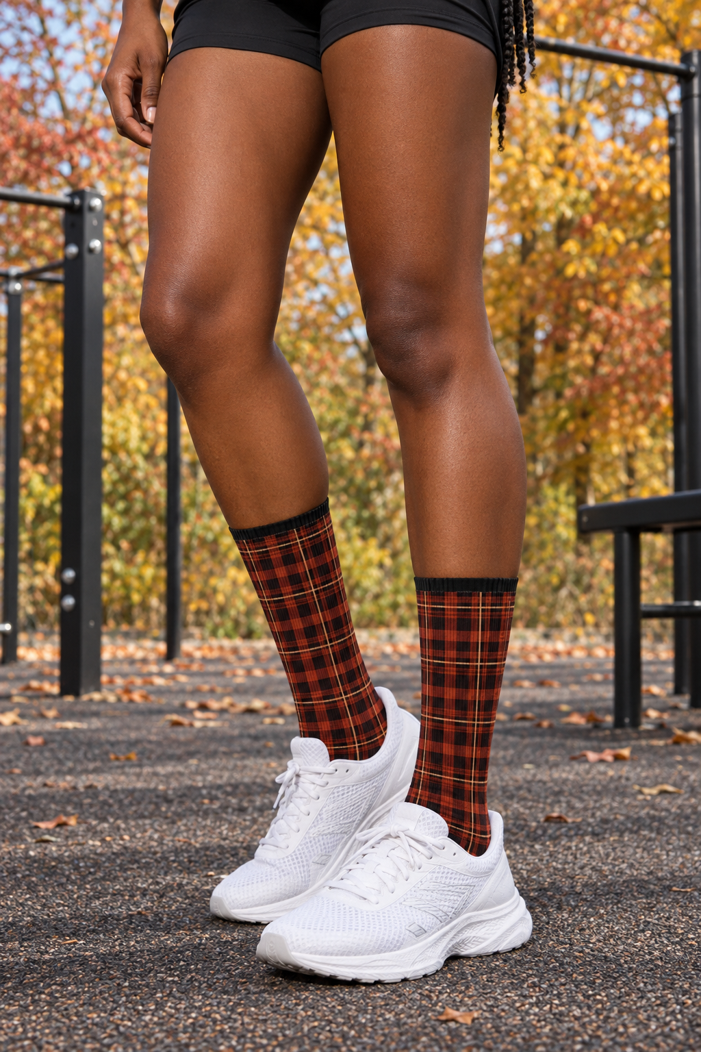 Rust Flannel crew-length athletic socks worn on a model