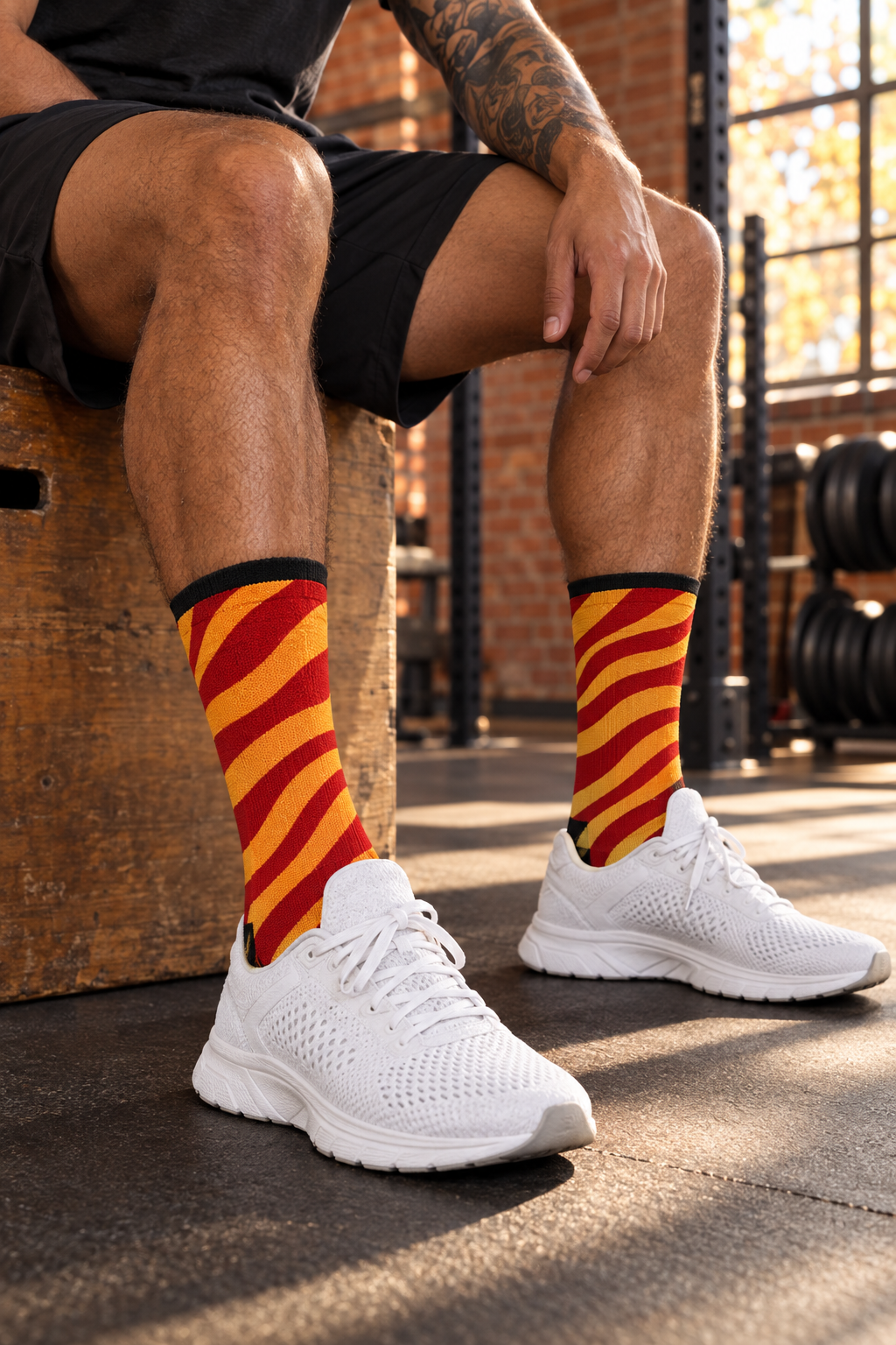 Sunset Orchard Zebra crew-length athletic socks worn on a model