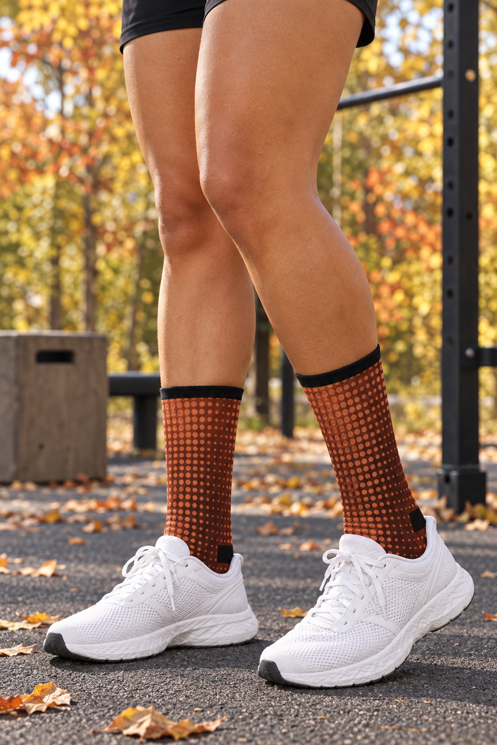 Terracotta Halftone crew-length athletic socks worn on a model