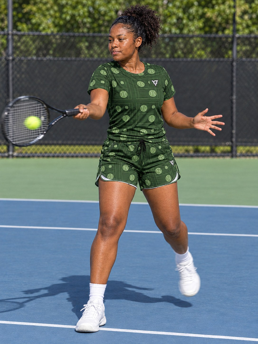 Tennis Forest Camo Baseline Seam Women's Sports Jersey, in action