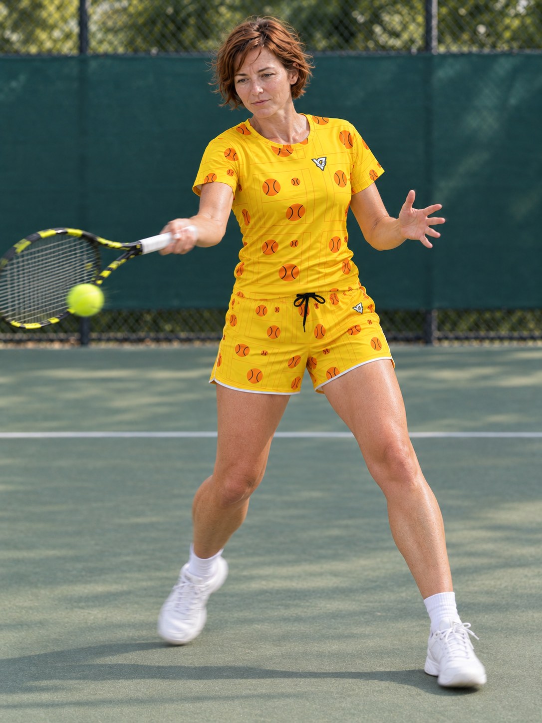 Tennis Neon Citrus Baseline Seam Women's Athletic Shorts with Pockets, in action