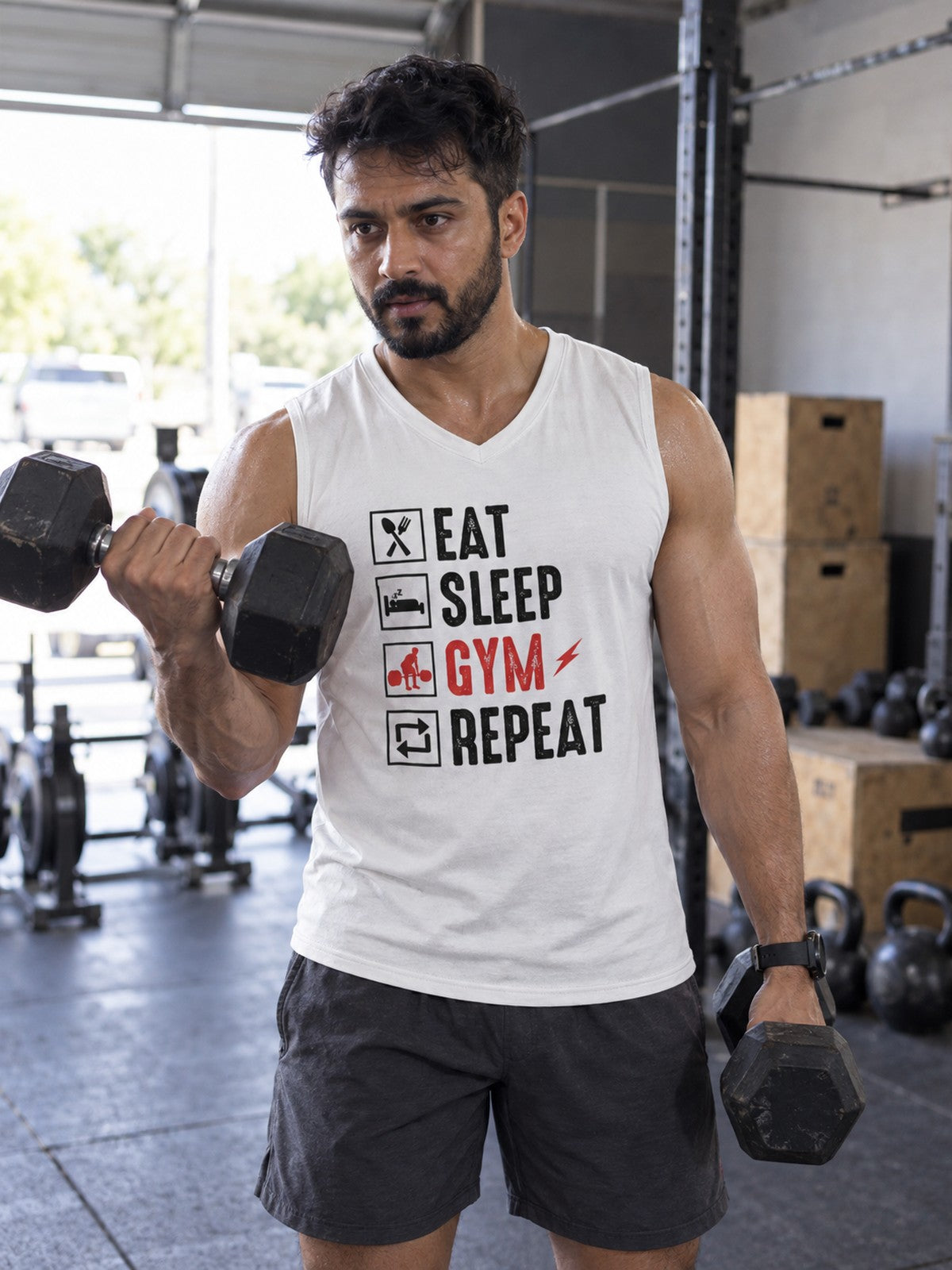 Eat Sleep Gym Repeat Men's Muscle Tank | Gym Workout Sleeveless Tank Top | Fitness Training Cotton Tank – gym training, front view