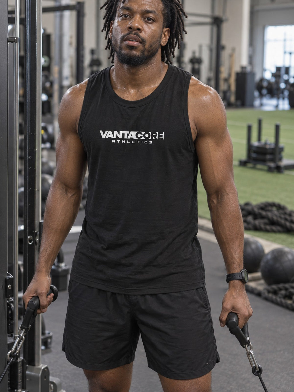 Vantacore Athletics Muscle Tank — Minimal Logo Workout Tank Top – gym training, front view