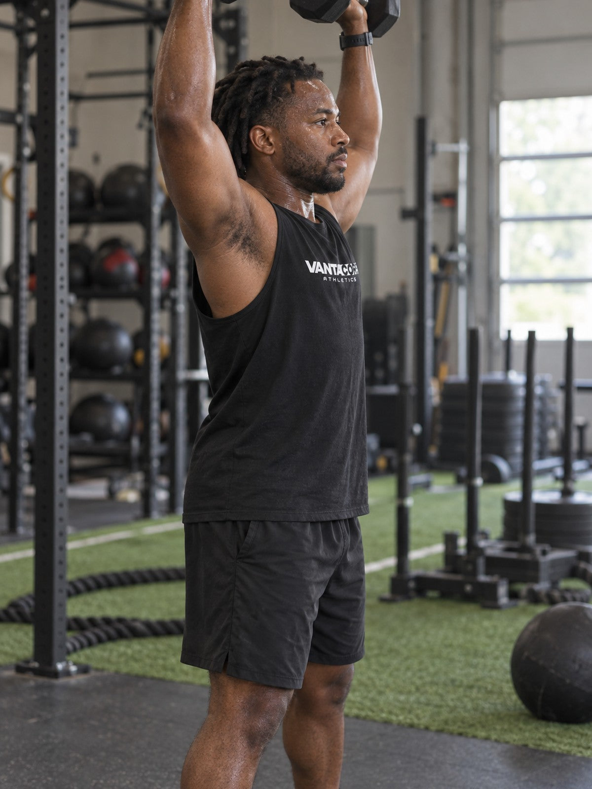 Vantacore Athletics Muscle Tank — Minimal Logo Workout Tank Top – gym training, side view