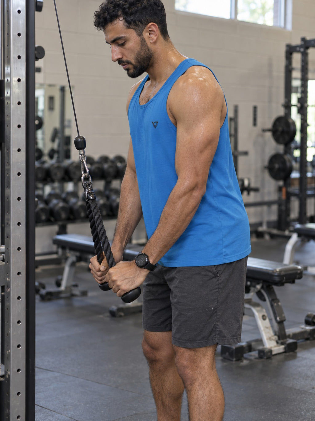 Minimal Geometric Triangle Logo Tank Top | Chest Emblem – gym training, side view
