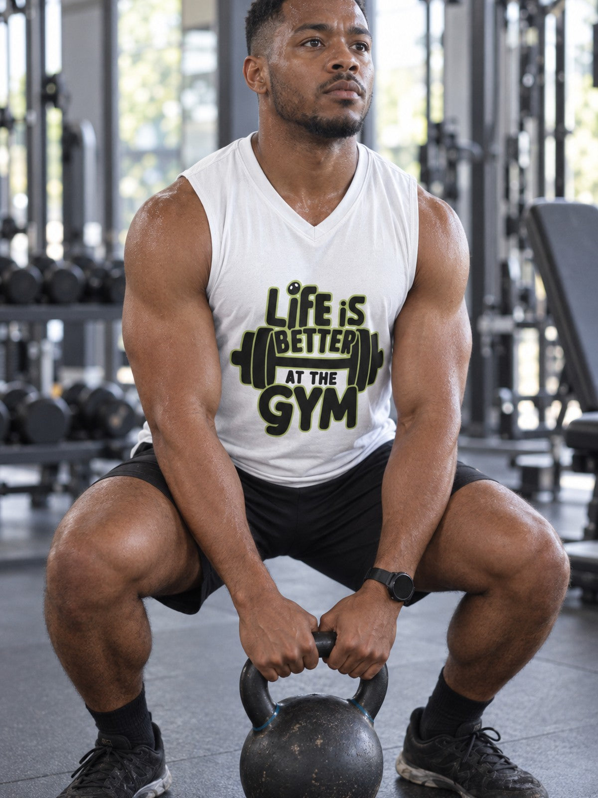 Life Is Better at the Gym Men's Muscle Tank | Funny Gym Sleeveless Tank Top | Workout Fitness Tank – gym training, front view