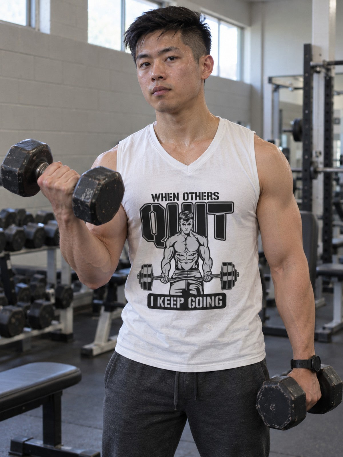 When Others Quit I Keep Going Men's Muscle Tank | Motivational Gym Sleeveless Shirt | Workout Bodybuilding Fitness Tank Top – gym training, front view