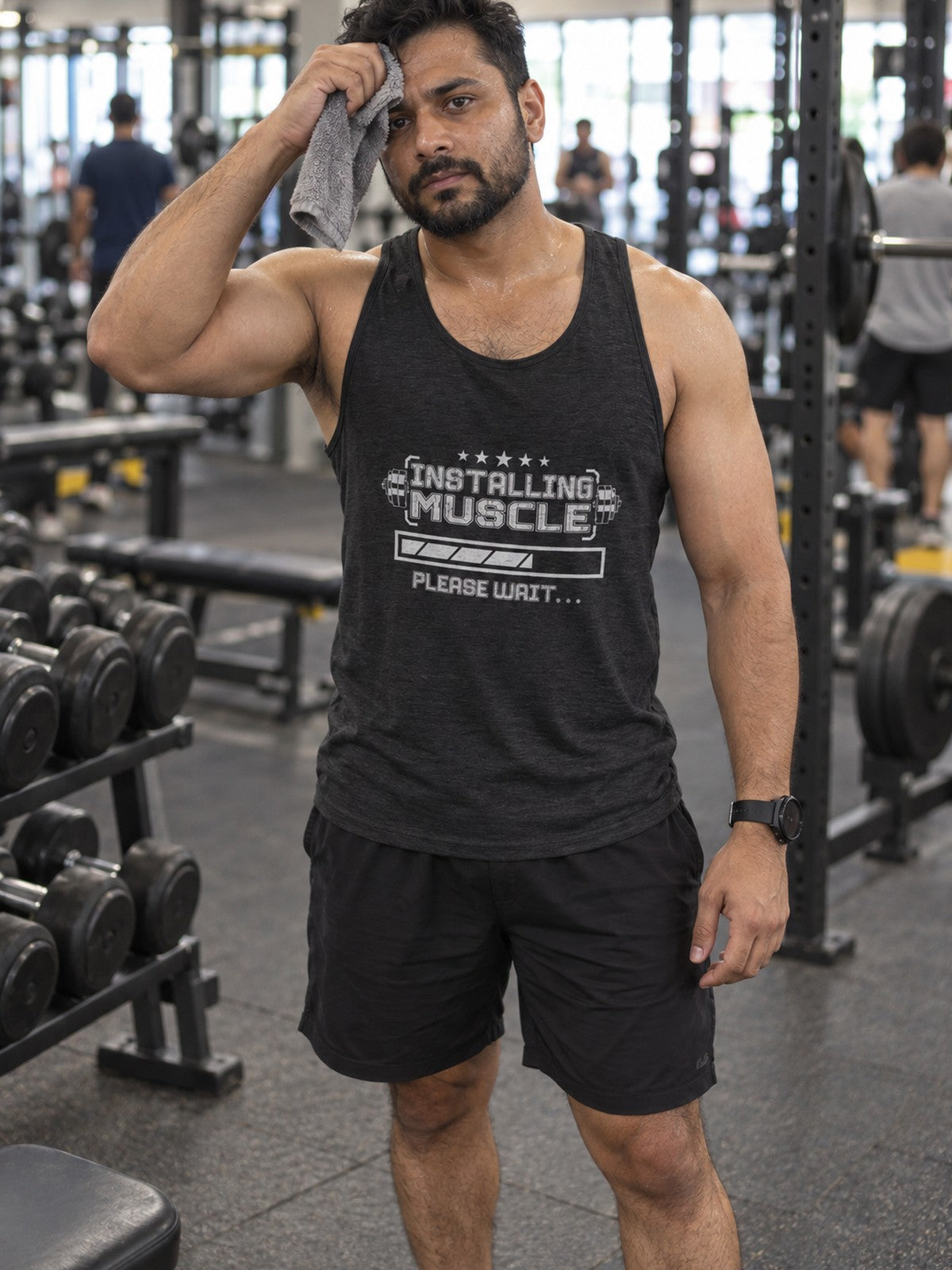 Installing Muscle Please Wait Tank Top – Funny Gym Tank | Unisex Workout Sleeveless Shirt – gym training, front view