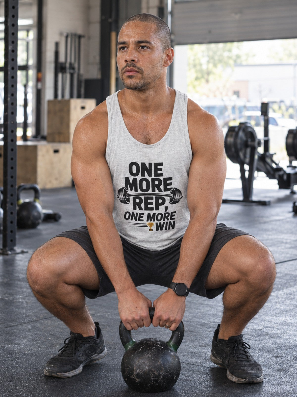 One More Rep One More Win Tank Top – Motivational Gym Tank | Unisex Workout Sleeveless Shirt – gym training, front view