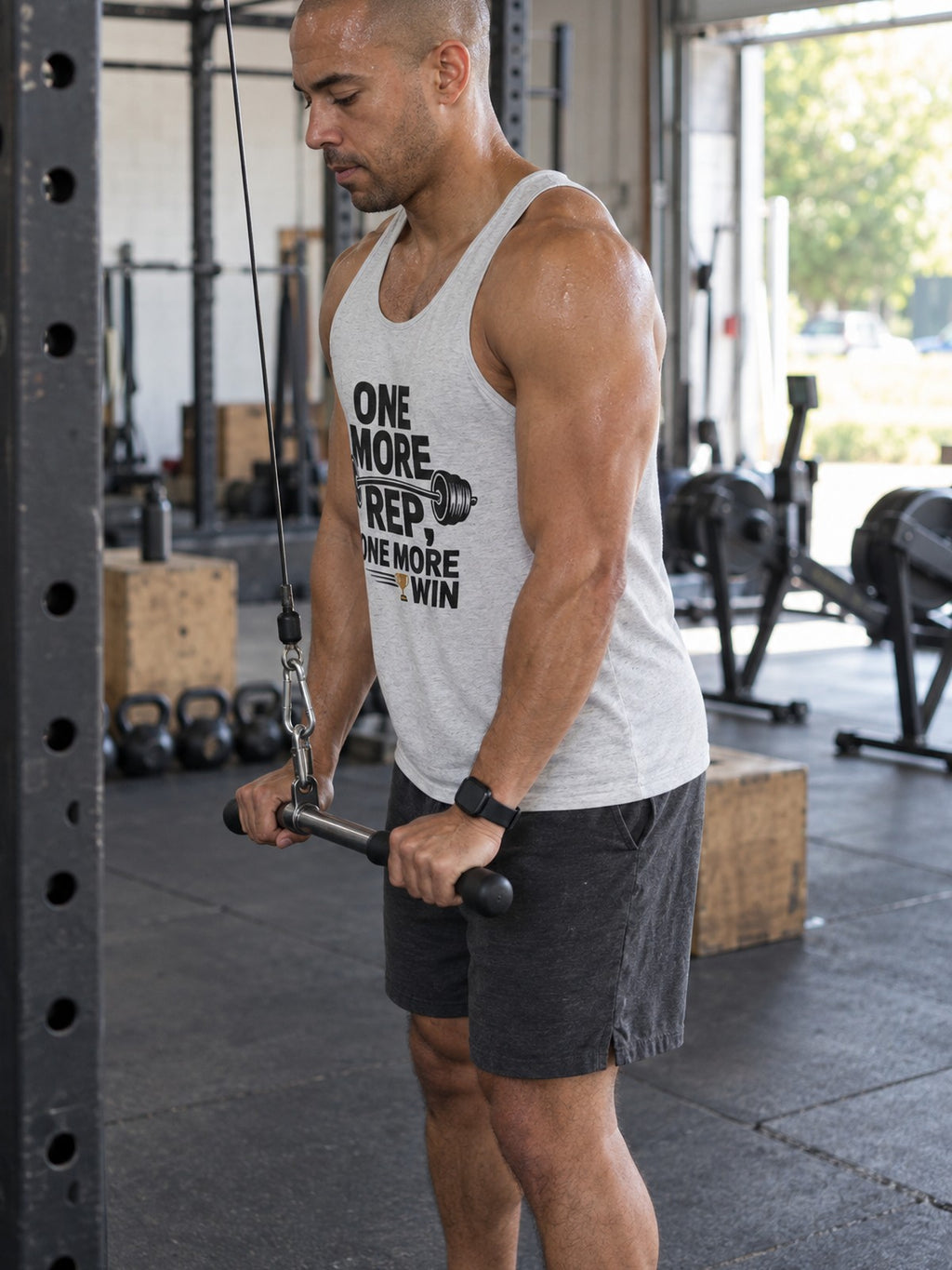 One More Rep One More Win Tank Top – Motivational Gym Tank | Unisex Workout Sleeveless Shirt – gym training, side view
