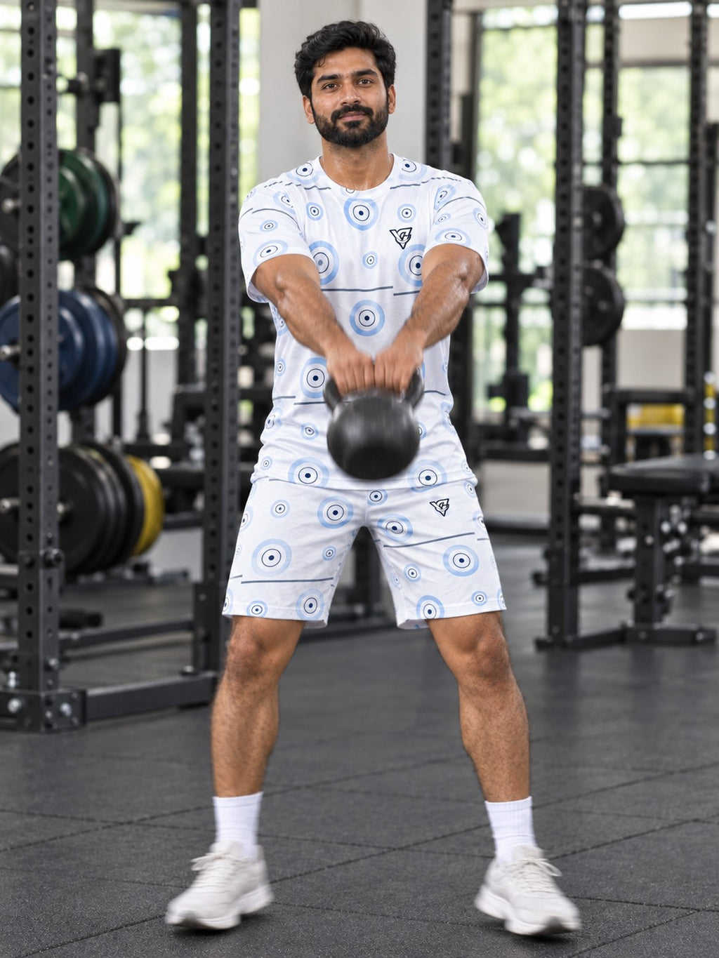 Training & Gym Arctic White Iron Plate Men's Athletic Shorts with Pockets, in action