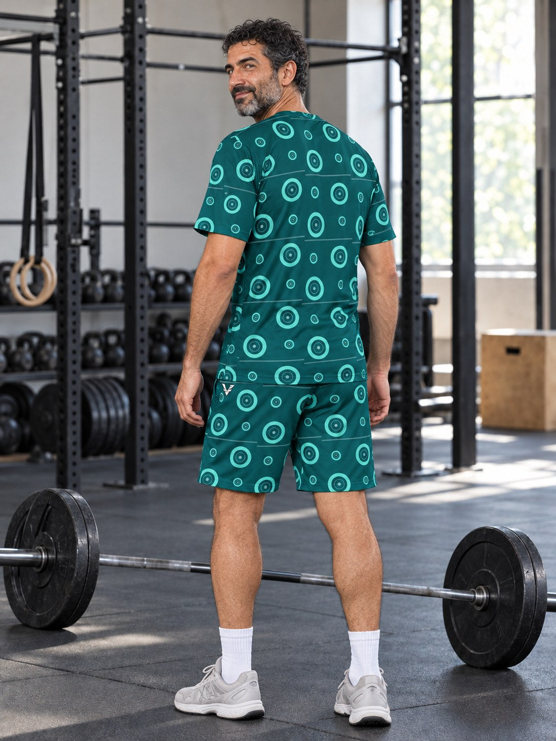 Training & Gym Teal Wave Iron Plate Men's Sports Jersey, back view