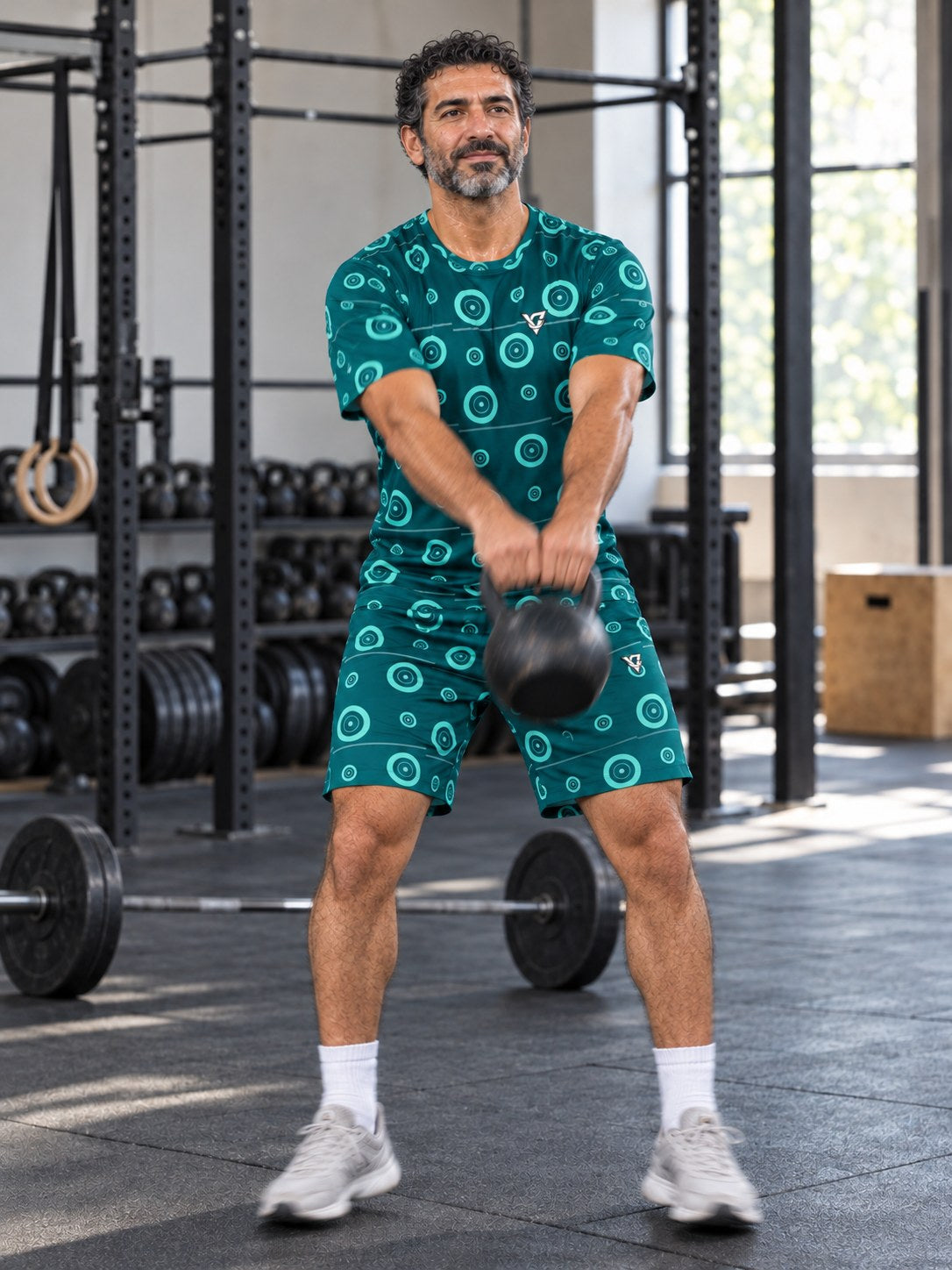 Training & Gym Teal Wave Iron Plate Men's Sports Jersey, in action